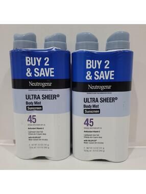 2pk (Twin Packs) 4 Count Neutrogena Sheer Body Mist Sunscreen Spray SPF 45 5oz